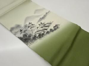 作家物　塩瀬手描き民家に草木・山・風景模様名古屋帯